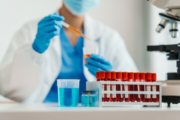 Fototapeta premium Close up scientist conducting precise virus lab test, scientific methodology, microbiologist conducting virus detection and testing in progress