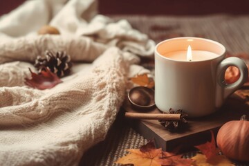 Fototapeta na wymiar Autumn blanket candle. Generate Ai
