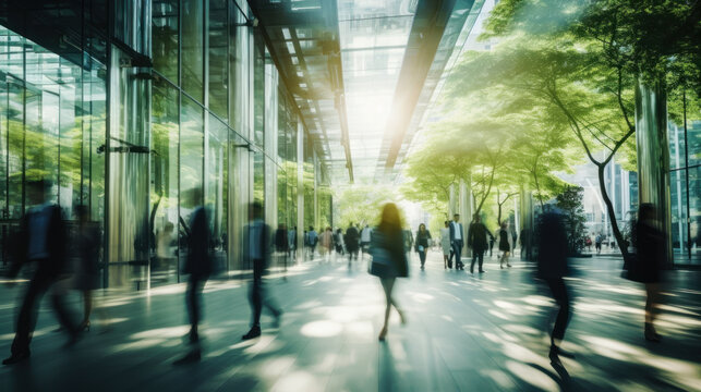 Sustainability In Business Center Concept, Business People Crowd Walking At Corporate Office In Green City Downtown, Abstract Motion Blur Image, Blurred Background, Generative AI