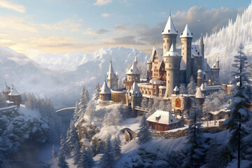 Fairy tale illustration, castle in snow time