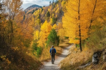 Fototapeta premium Autumn forest hiker scenery. Generate AI