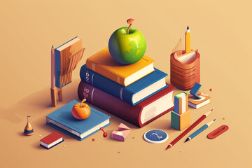 Illustration of books and apple, education concept