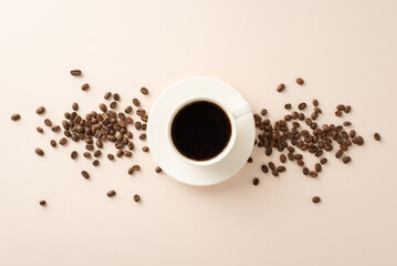 Coffee Day Celebration Setup: Overhead shot with coffee beans, espresso cup, and saucer on a gentle beige background, ideal for your promotion or advertising