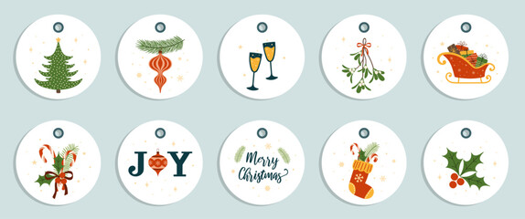Fototapeta na wymiar Set of Christmas gift tags. Labels with winter holidays illustration. 
