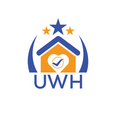 Fototapeta na wymiar UWH House logo Letter logo and star icon. Blue vector image on white background. KJG house Monogram home logo picture design and best business icon. 