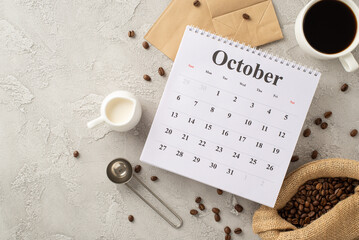 Coffee Bliss: Roasted coffee beans in burlap bag, espresso cup, cream jar, measuring spoon, paper bags, and calendar with October month on bright grunge background, perfect for advert