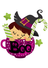 Cup halloween treats or tricks with funny witch