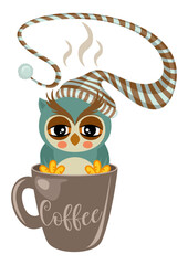 Sleepy owl with sleeping hat inside cup of coffee