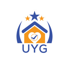 UYG House logo Letter logo and star icon. Blue vector image on white background. KJG house Monogram home logo picture design and best business icon. 
