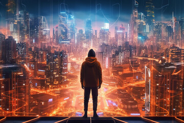 Fototapeta na wymiar male as hero stands in front of big city in neon lights