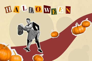 3d retro abstract creative artwork template collage of attractive female male dancing tango couple dating halloween party magazine - obrazy, fototapety, plakaty