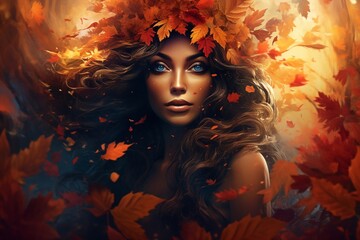 Woman autumn portrait concept in leaves. AI generate