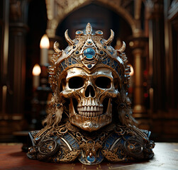 Golden Skull inside a Cathedral. Golden Relic. Skull with Headpiece. Headpiece with Horns. Holy Skeleton. Generative AI. 