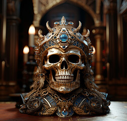 Obraz premium Golden Skull inside a Cathedral. Golden Relic. Skull with Headpiece. Headpiece with Horns. Holy Skeleton. Generative AI. 