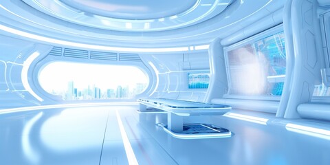 Modern interior futuristic clinic. White corridor
