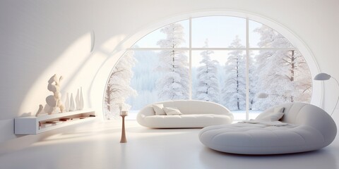 Cozy white futuristic interior hygge style
