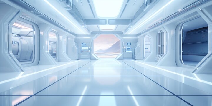 Modern interior futuristic clinic. White corridor