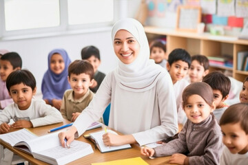 muslim female teacher in front of her class