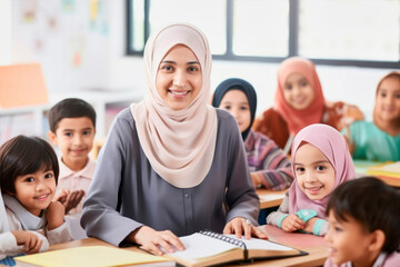 muslim female teacher in front of her class