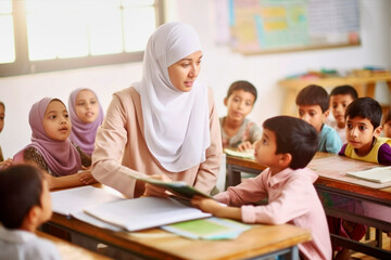 muslim female teacher in front of her class