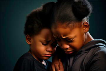 sad kids, the oldest kid comfort her sibling. - 643939392