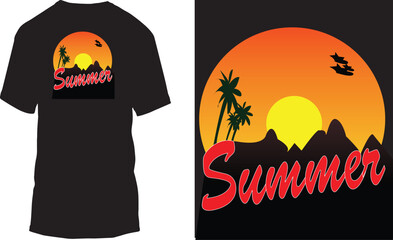 T shirt design Morning sun flying birds hills and coconut trees vector