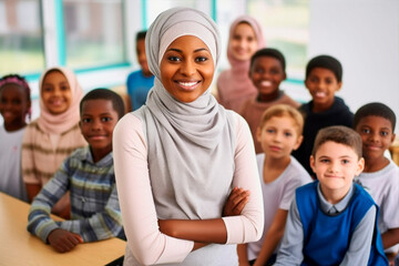 Obraz premium muslim female teacher in front of her class