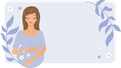 Pretty young pregnant woman with a blue empty floral background for custom text