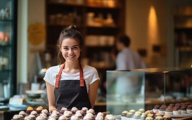 Girl presenting cupcakes, working in a cupcake store - obrazy, fototapety, plakaty