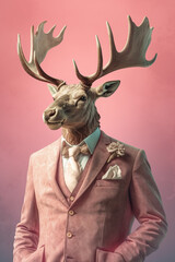Retro style image of a deer wearing a suit and bow tie
