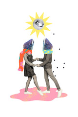 Collage funny picture of two dancing people wear theme conceptual fish mask illustration underwater...