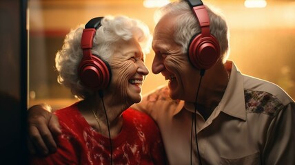 Elderly couple wearing headphones - obrazy, fototapety, plakaty