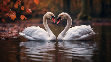 Fototapeta premium two swans in a lake during autumn