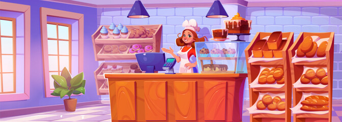 Woman near bakery shop counter vector cartoon background. Baker in confectionery cafeteria with modern interior. Donut, bun, dessert and bread production canteen showcase with happy character scene - obrazy, fototapety, plakaty