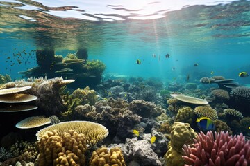 wide-angle view of coral reef during spawning