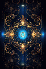 A blue fantasy card with a golden floral elements, Generative AI