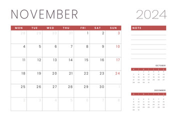 Monthly page Calendar Planner Templates of November 2024 with note. Vector layout of simple calendar with week start Monday for print. Page for size A4 or 21x29.7 cm