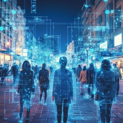Ai generative image of group of people walking on the street. Technology concept.