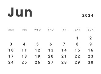 Template design of Monthly Calendar on june 2024. Vector layout minimal calendar with week start Monday.