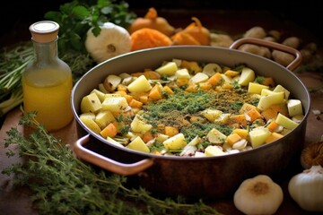 seasoning a vegetable casserole with spices and herbs