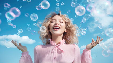 Woman enjoying being surrounded by bubbles, blue background, fun and cute, summer feeling