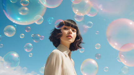 Woman enjoying being surrounded by bubbles, blue background, fun and cute, summer feeling