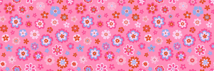 Vector y2k aesthetic barbiecore floral seamless pattern. Contemporary fun psychedelic daisies background. Trippy simple naive daisy flowers repeat texture. Baby style childish pink seamless backdrop