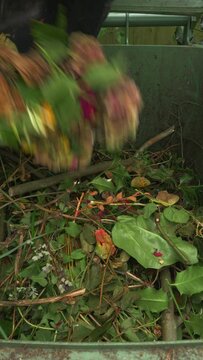 Vertical video social media format – Closeup of colourful flower and leaf cuttings tipping into a nearly full green waste bin.