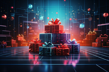 Cyber monday shopping sales conceptual background with gift boxes blue red tones, generative ai