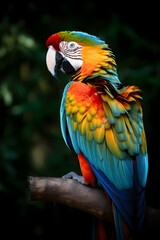 Obraz premium Blue yellow macaw parrot. Colorful cockatoo parrot sitting on wooden stick. Tropical bird park.