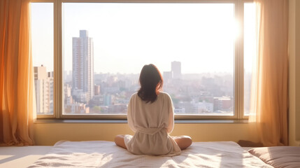 woman looking out window, city apartment, meditation