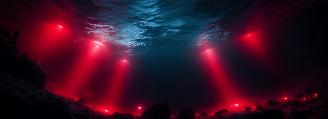 View from under the ocean at night with red glowing lights from the sky from Generative AI