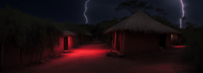Walkway at a poor african village at night with red lightning strikes from the sky from Generative AI
