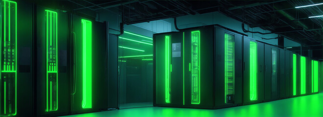 View of modern data center with green neon lights from Generative AI